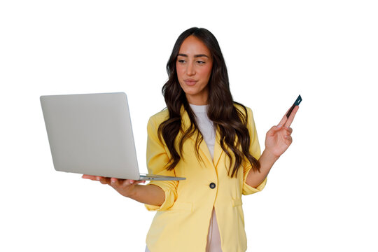 Woman holding laptop and credit card for secure online shopping, e-commerce, and digital payment on transparent background