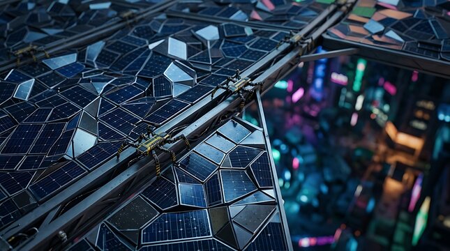 Futuristic robots maintaining solar panels over a neon lit city