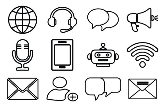 Collection of twelve minimalist communication line icons including chat bubbles, phone, megaphone, and email for modern business web design.