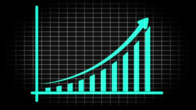 Cyan neon bar chart with axis lines and an upward trending arrow on a dark grid background representing financial growth and statistics