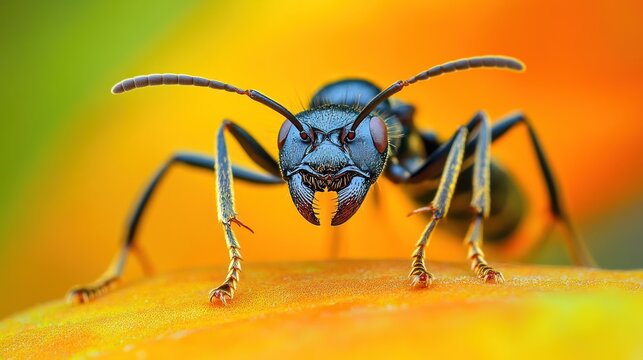 Macro shot of a black ant with large mandibles on an orange surface, blurred background