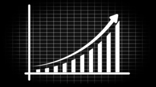 White bar chart with axis lines and an upward trending arrow on a dark grid background representing financial growth and statistics
