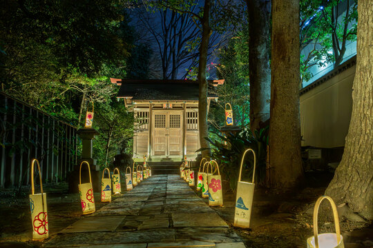 Small Shinto shrine surrounded by illuminated lanterns at night in Koishikawa Korakuen Garden January 2024