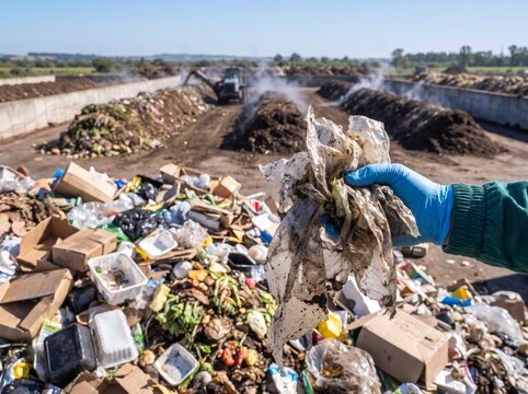 Hand in blue glove holding dirty plastic waste contamination over a large pile of organic food waste at an industrial composting facility with steaming windrows and machinery under a clear blue sky.
