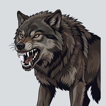 A fierce gray wolf snarls with sharp teeth and glowing eyes