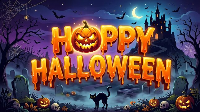 Hoppy halloween text with scary pumpkin and spooky castle