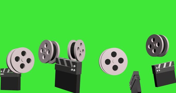 A dynamic 3D animation of movie clapperboards and film reels floating upwards against a bright green screen background for cinematic production and creative editing projects