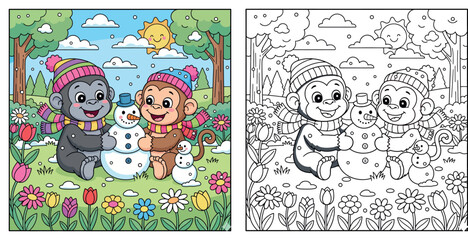 Fototapeta premium Cute Gorilla and Monkey Building a Snowman Together in a Spring Meadow with Flowers and Falling Snow