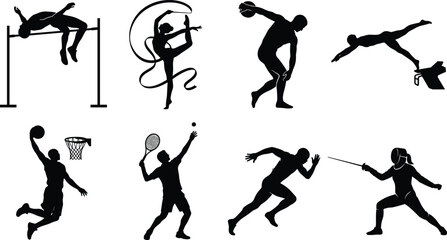 Summer sports athletes vector silhouettes set featuring basketball slam dunk high jump tennis ribbon gymnastics swimming sprinting fencing and discus throw © Robiul
