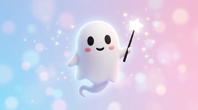 Cute little ghost character holding a magic wand