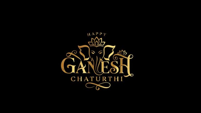 Ganesh Chaturthi festival celebration with golden text and elephant head design on a black background.