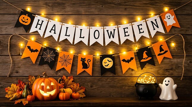 Halloween banner with pumpkins and fairy lights on wood wall
