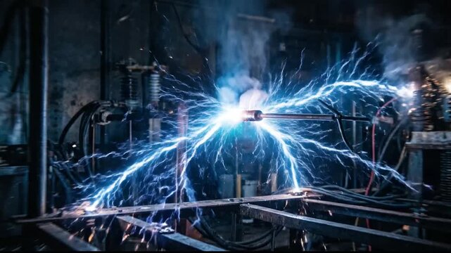 High voltage electric arc in industrial workshop.