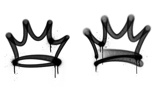 Crown symbol set designed with two black spray paint dripping illustrations and grunge texture style. Hand drawn street art elements isolated on white background decoration graphic clip art.