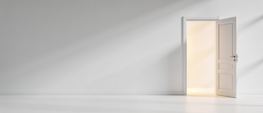 Minimalist white door with dramatic shadow creating modern empty space illusion