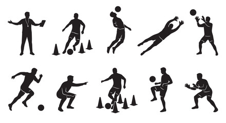 Obraz premium Soccer player silhouettes in various dynamic game actions with football silhouette training goalkeeper