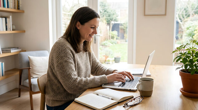 Woman Working Comfortably on Laptop at Home Office Table