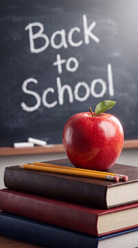 A red apple sits atop a stack of books with pencils, in front of a chalkboard that reads "Back to School".
