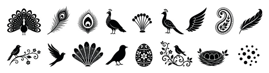 Obraz premium Illustration set of various birds, peacocks, feathers, and nests, perfect for elegant design, rendered in a vintage monochrome halftone engraving style