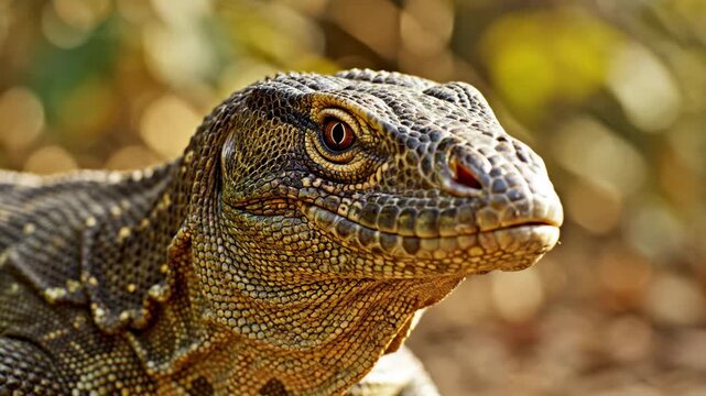 A large predatory monitor lizard watches intensely with golden eyes while resting within its natural tropical forest habitat under the bright warm sunshine during a peaceful afternoon