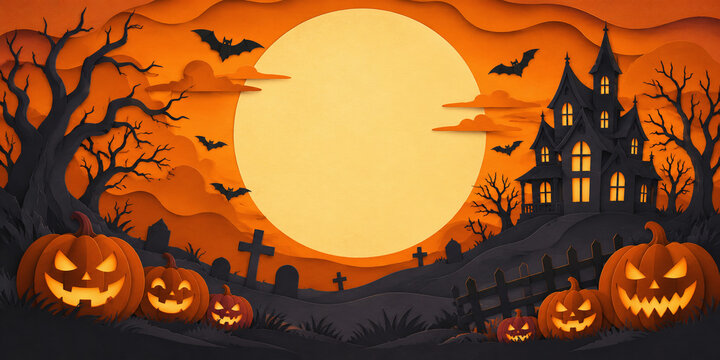 Halloween background banner in paper cut style with full moon, spooky haunted house, graveyard, jack-o-lantern pumpkins and bats vector illustration