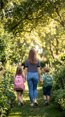 Fototapeta premium A mother holds hands with her son and daughter as they walk down a path in a lush garden, each wearing a backpack.