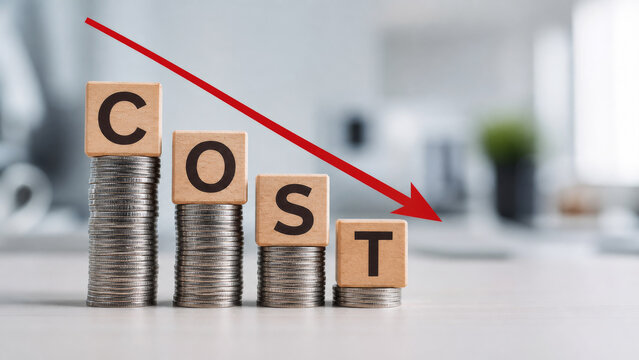 Concept of cost reduction in business finance with wooden blocks spelling COST placed on descending stacks of coins, red downward arrow, symbolizing decreasing expenses, saving strategy, efficiency