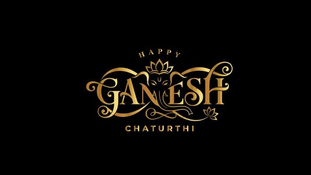 Happy Ganesh Chaturthi Festival Celebration with Golden Text and Crown on Black Background.