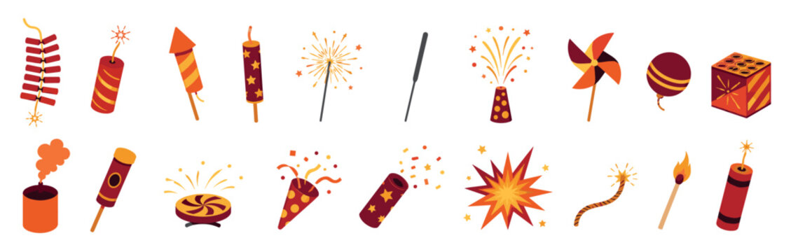 String of firecrackers for holiday celebrations and parties, shown in a vintage pop art halftone illustration style