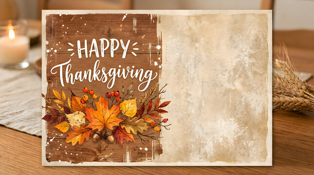Happy thanksgiving greeting card with autumn leaves and pumpkin decoration