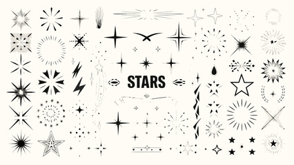 Collection of black star and sparkle illustrations on a light beige background featuring various shapes astral celestial constellation © Bikas