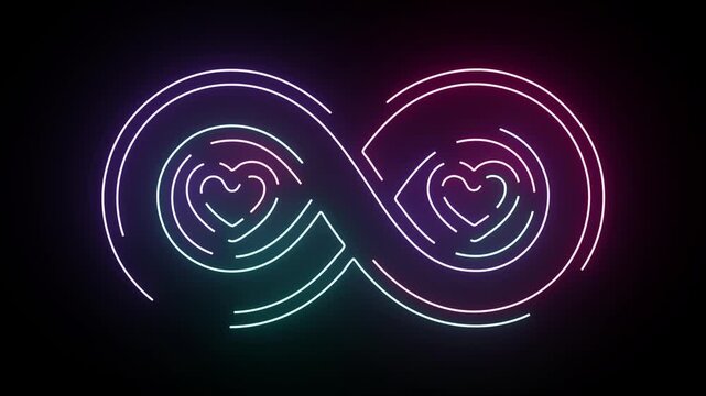 Vibrant neon infinity sign with glowing heart shapes rotating in a seamless loop with beautiful pink and blue gradient lines on black background
