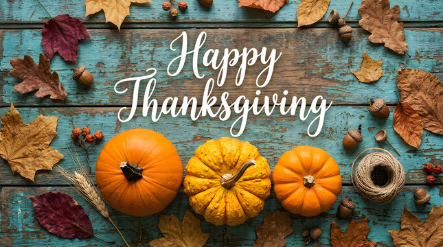 Happy thanksgiving greeting with pumpkins on rustic wooden background