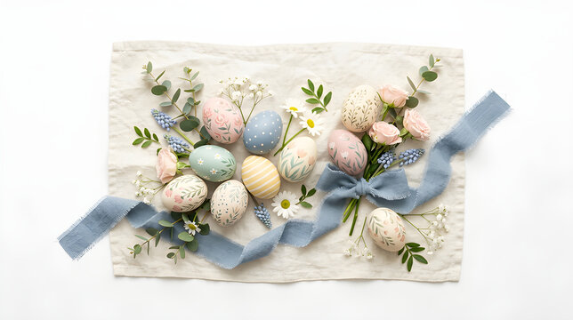 Top view composition with decorated Easter eggs, ribbon, spring flowers and linen fabric in soft pastel colors, Scandinavian seasonal styling, isolated on white background, clean composition, copy spa