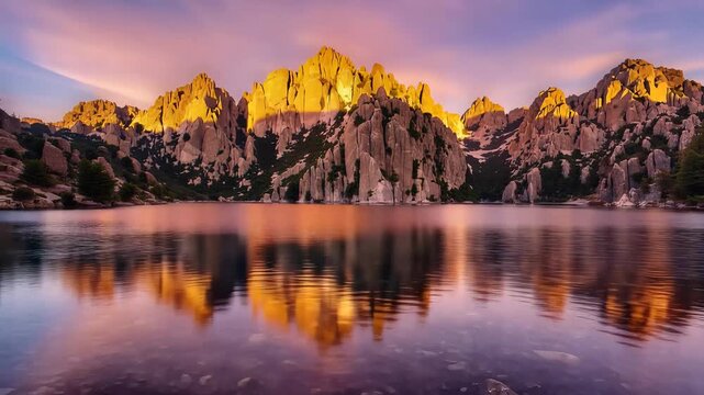 Majestic jagged mountain peaks reflected in a calm alpine lake at sunset