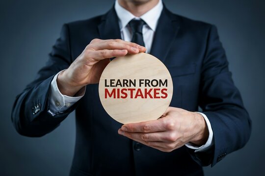Businessman holding sign Learn From Mistakes. Professional growth and development concept.
