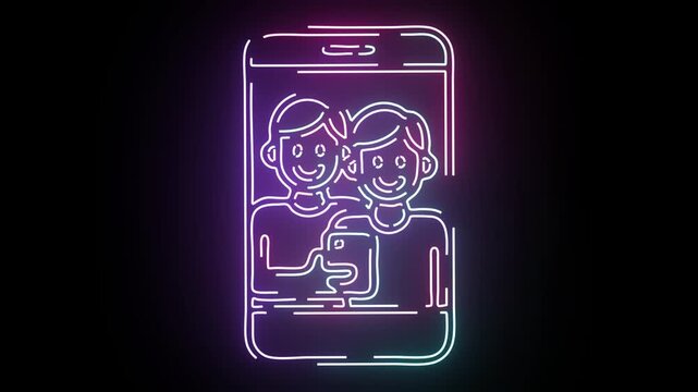 Glowing neon outline of two young friends taking a selfie on a smartphone with pink and blue light flickering continuously on black background