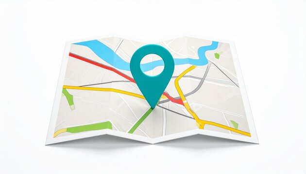 Blue location pin on stylized map, white background, navigation, GPS, destination, urban design.