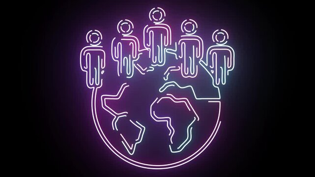 Glowing neon globe with outline human figures standing on top representing global community and worldwide connection on a dark background