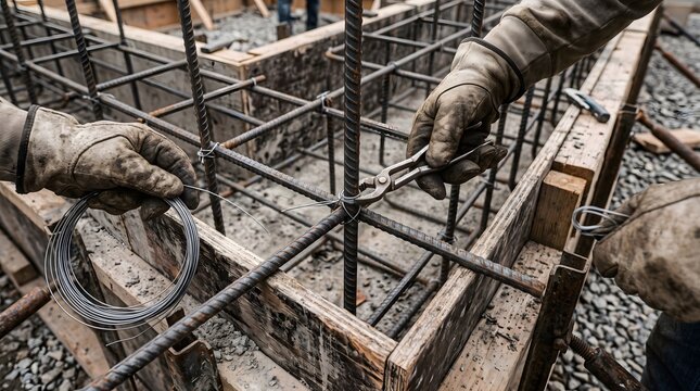 Workers tying rebar intersections with wire in a concrete formwork construction.
