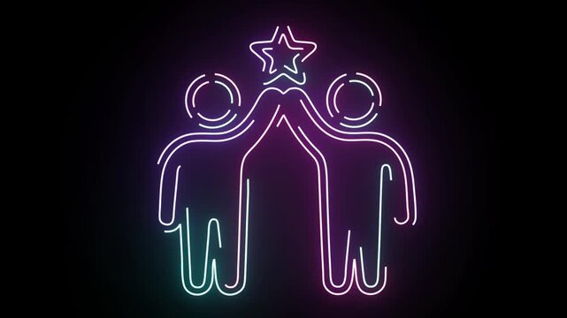 Glowing neon sign depicting two people high fiving under a bright star symbolizing teamwork success partnership and joint business achievement