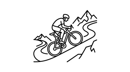 Obraz premium Dynamic Black and White Line Drawing of Cyclist Racing on Mountainous Terrain with Winding Road