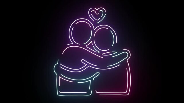 Glowing neon sign of a couple embracing with a heart symbol overhead on a black background ideal for valentines day concepts and romantic themes