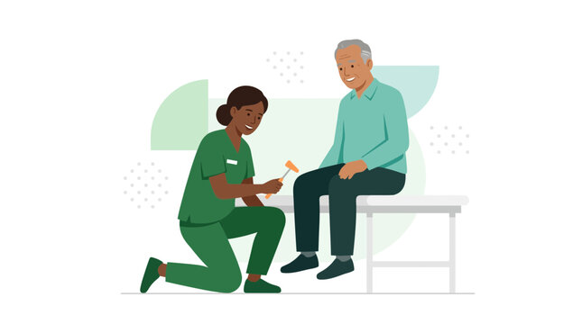 Nurse checking senior patient's reflexes with a reflex hammer in a medical examination room