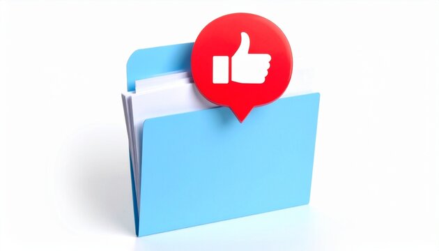 Light blue folder with papers, red thumbs‑up notification bubble, approval, organization, digital management.