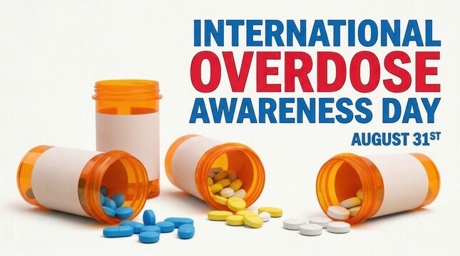 International Overdose Awareness Day campaign with scattered pills and capsules. Opioid crisis prevention banner featuring prescription medication...