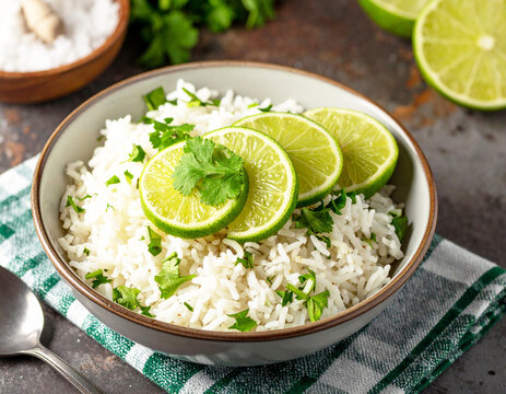 Mexican cilantro lime rice, closeup. AI