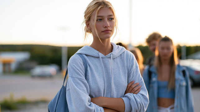 Teen peer pressure scene in a school parking lot at dusk, a girl crossing her arms and looking away from a group pressuring her, distant expression, courage in refusal, adolescent