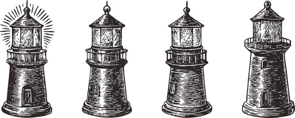 Obraz premium vintage lighthouse engraving set nautical beacon tower coastal sea navigation illustration