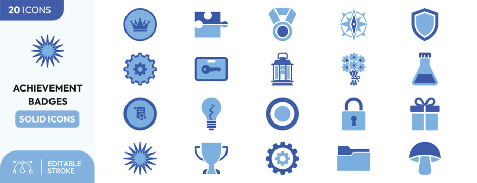 Skill Mastery Badges set. Containing crown, trophy, gear, puzzle piece, locked folder, discovery flask, lightbulb, key, starburst. Editable stroke. Vector illustration.